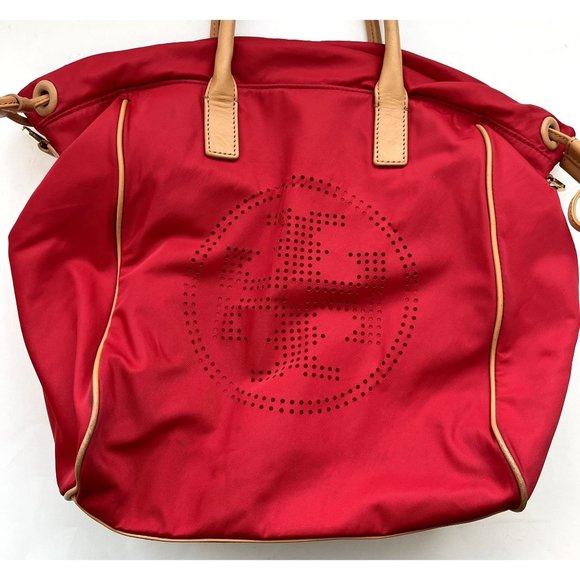 SOLD Tory Burch Red Nylon & Leather Perforated Logo Drawstring Hand Bag Tote - Picture 10 of 12